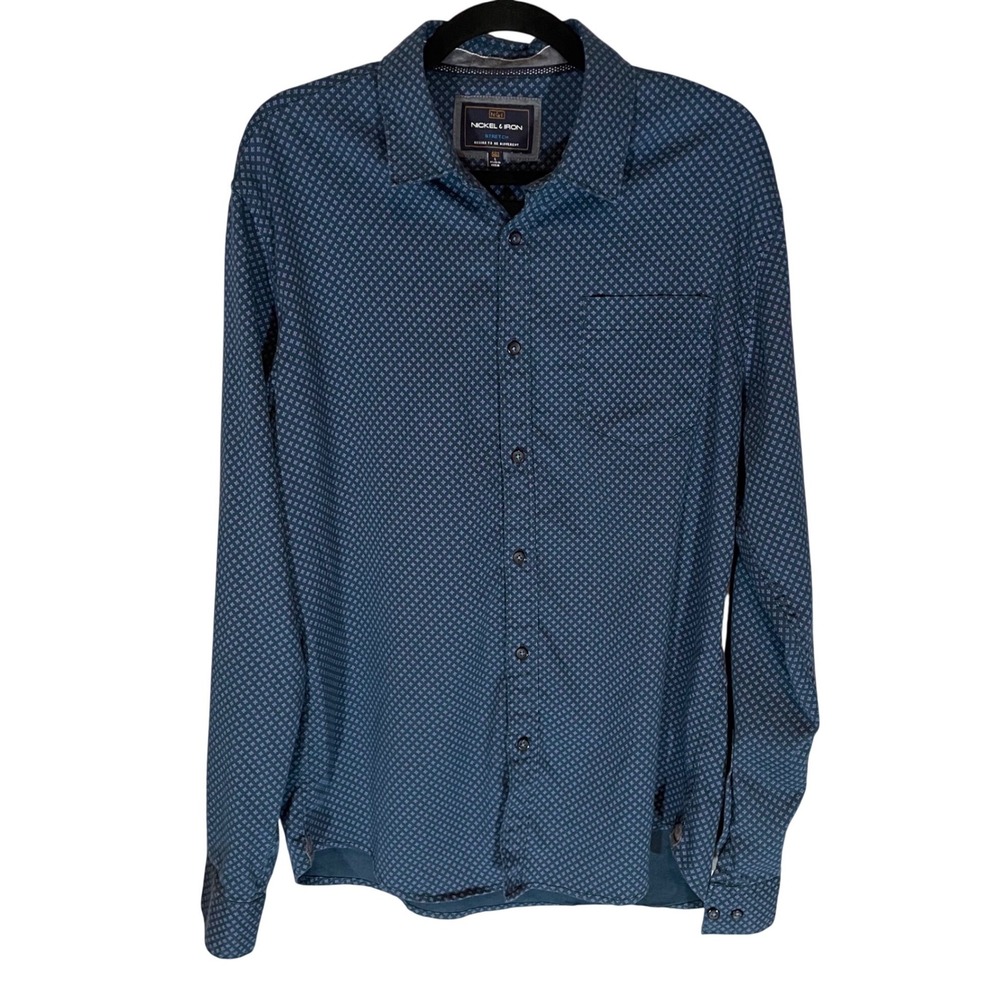 Nickel & Iron Mens Blue Geometric Stretch Long Sleeve Button Down Shirt Size L